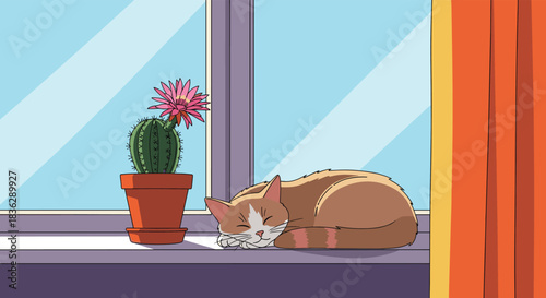Pixel art illustration of a ginger cat sleeping peacefully on a sunny windowsill next to a flowering cactus in a pot.