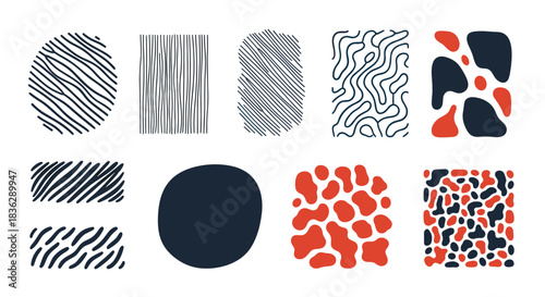 Set of ten abstract hand-drawn textures and patterns, including lines, waves, and spots in various shapes like circles and squares.