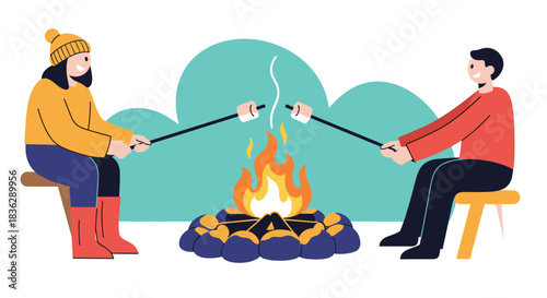 Happy couple sitting by a campfire and roasting marshmallows on sticks, enjoying a cozy outdoor camping activity together.