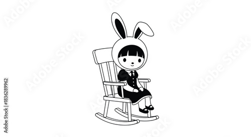 Black and white illustration of a cute girl wearing a bunny hat and a dark dress, sitting calmly in a wooden rocking chair.
