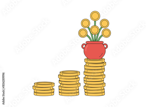 Vector illustration of a red pot filled with gold coins on a rising stack of gold coins symbolizing financial growth and wealth accumulation in a simple flat design style with a black background