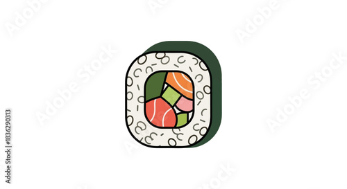 Stylized sushi roll illustration with salmon and avocado