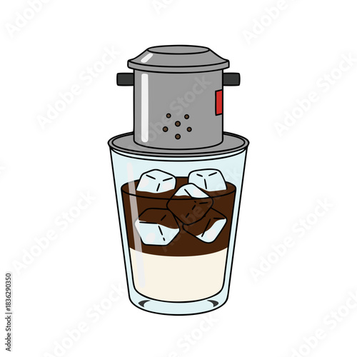 Vietnamese Coffee Filter Phin Dripper Over A Glass Of Iced Coffee With Condensed Milk And Ice Cubes Simple Line Art Flat Design