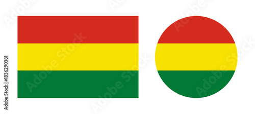 Bolivia flag circular, rectangular badges. Civil flag of Bolivia icons. Flag of Bolivia round, rectangle button, flat backgrounds set.
