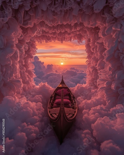 Surreal dreamlike scene of a boat sailing through a pink cloud tunnel towards a vibrant sunset