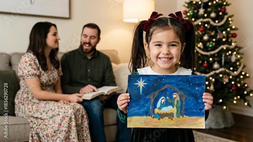 Happy little girl displaying nativity scene painting as parents read bible, celebrating Christmas and religious family traditions.