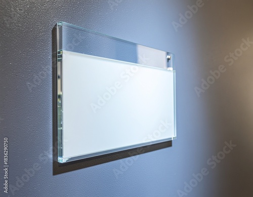 Blank sign mockup mounted on wall with frosted glass panel indoors