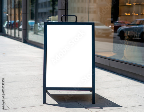 Blank sandwich board standing on sidewalk near storefront with reflective glass