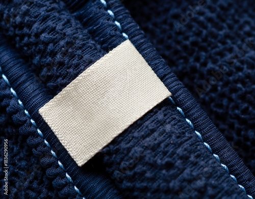 Navy blue towel showing blank label close up shot