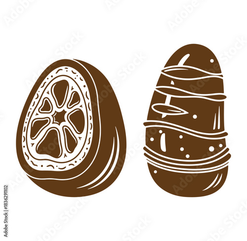 Artistic illustration of a cocoa pod and chocolate treat in a vintage brown color
