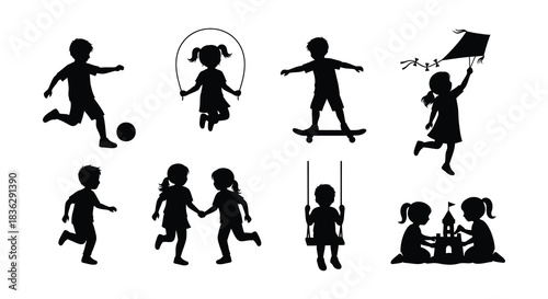 Children playing silhouettes of kids enjoying outdoor activities and games