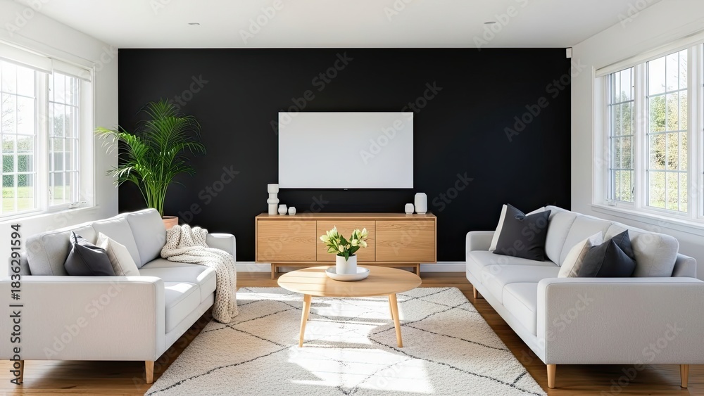 Fototapeta premium Modern Living Room with Black Accent Wall and Comfortable Sofas.