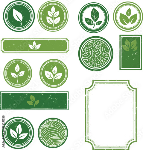 Isolated a kinds of deferent Rubber stamp set, Rount and rectangle green ecologic natural style on grunge retro stamp. Vintage old texture frame with empty place. vector art with white background..