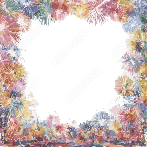 Isolated a decorative border with colorful exploding fireworks in the sky - celebration card, festival banner vector art with white background.