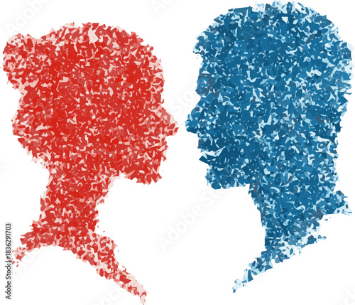 Isolated a kinds of deferent simple silhouettes or icons of two people - woman and man facing each other - relationship, conversation, gender vector art with white background..