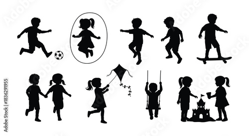 Children playing silhouettes of kids enjoying outdoor activities and games