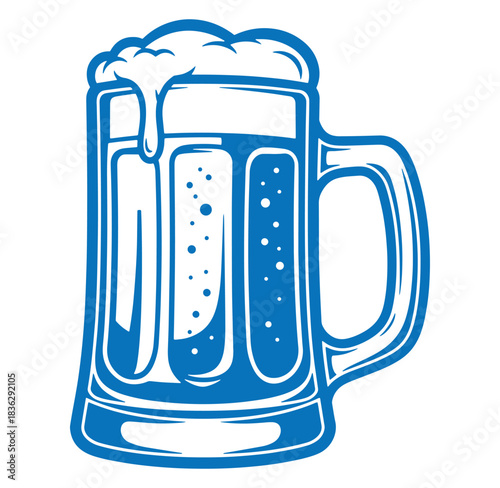 Blue and white illustration of a beer mug overflowing with foamy beer for drink concepts
