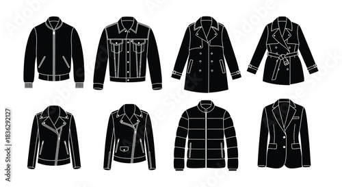 A collection of various jacket and coat designs in black and white