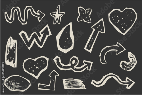 Cutout torn paper pieces geometric shapes, arrows, grunge crayon hand drawn set. Collage funky, groovy retro doodle parts, scrapbook elements, design