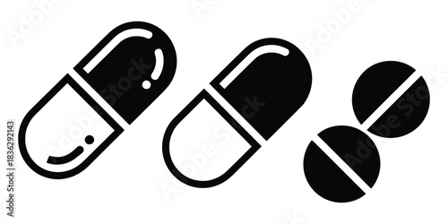 Medical pills icon and capsule pictogram vector with detailed tablet and capsule illustrations