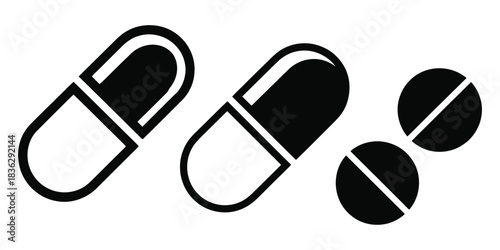 Medical pills icon and capsule pictogram vector with detailed tablet and capsule illustrations