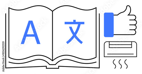 Translation concept. Open book with multilingual symbols translation and learning. Translation supported by positive feedback and tools. For language apps, education, and communication industries