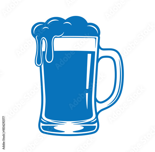 Blue beer mug illustration with overflowing foam concept for bar and brewery logos