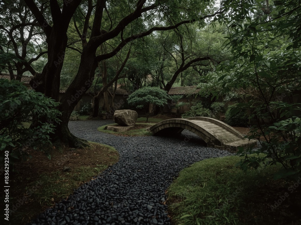 Fototapeta premium tranquil japanese garden with stone bridge and lush greenery