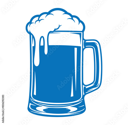 Blue beer stein illustration with frothy foam perfect for pubs and drink promotions