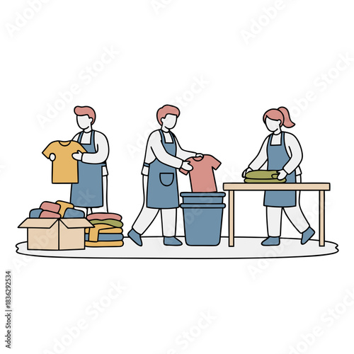 Volunteers Sorting Clothes in Minimalist Flat Vector Style for Donation or Recycling with Acorns and Autumn Leaves Scattered Around on a Pure White Background Promoting Sustainability