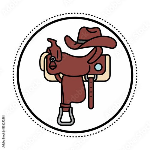 Western Cowboy Saddle With Hat And Boots Inside A Circle For Western Shop Sign With Wood Boards Hearts Coins Treasure Maps And Cacti Decorative Elements