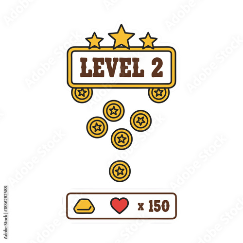 Western Game Level Two Display with Wooden Sign Crossed Rifles Sheriff Star and Falling Gold Coins with Health Bar and Score Indicator