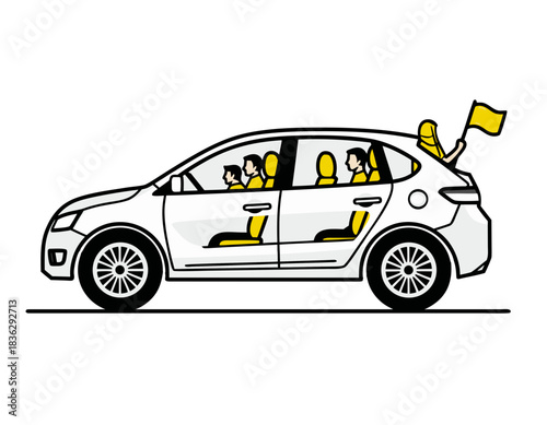 White Hatchback Car Filled With Yellow Silhouetted Passengers Traveling On A Journey With A Yellow Flag Visible From The Open Trunk And A Black Background