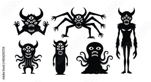 Silhouette depictions of various spooky monsters and creatures in black