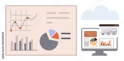 Charts, graphs, and a computer screen displaying digital dashboards and e-commerce interface. Ideal for analytics, e-commerce, marketing, strategy, technology data and business growth. Simple flat