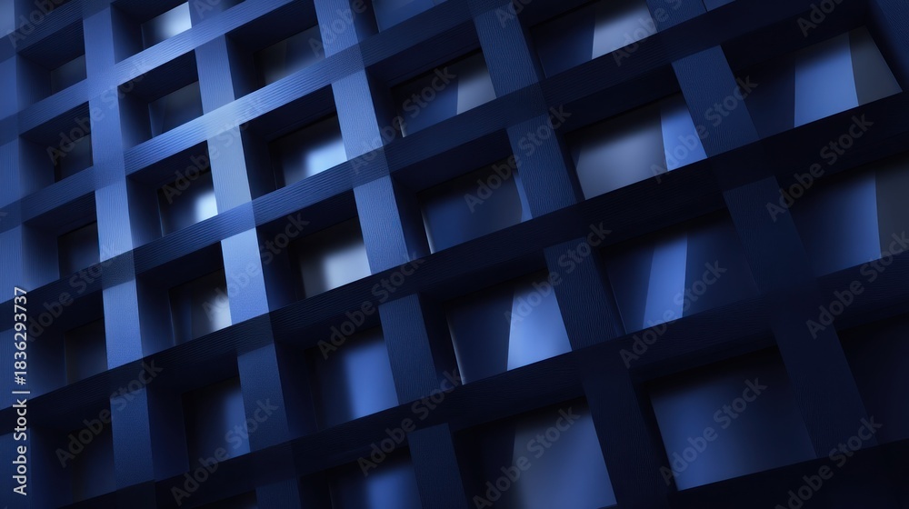 Fototapeta premium A dark blue grid pattern with illuminated squares, creating a geometric and modern aesthetic.