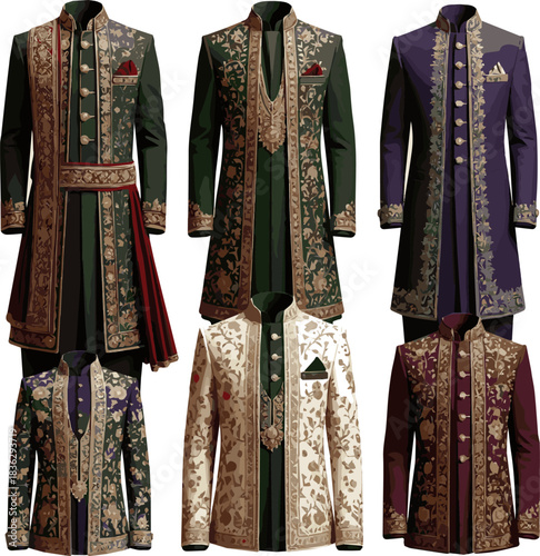 Create a various designs of wedding Sherwani vector art with a white background.