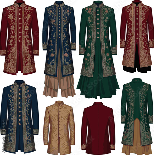 Create a various designs of wedding Sherwani vector art with a white background.