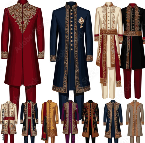 Create a various designs of wedding Sherwani vector art with a white background.