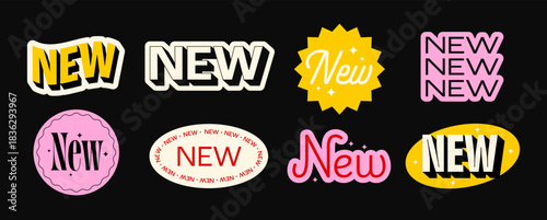 Set of colorful NEW sticker labels in retro and modern styles. Vector illustration