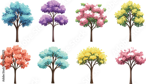 Massive vector collection of diverse spring and summer garden and nature elements, featuring colorful trees, blooming bushes, flowers, grass, and extensive black silhouette illustrations.