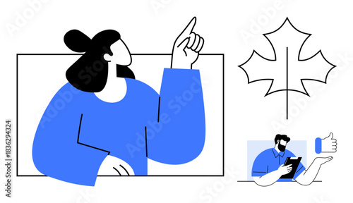 Communication, technology, creativity, human interaction, digital tools, Canadian identity. Features a woman pointing, a maple leaf and a man using technology. Communication and technology concept