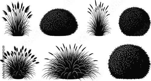 Massive vector collection of diverse spring and summer garden elements, including blooming trees, colorful bushes, flowers, grass clumps, and black 