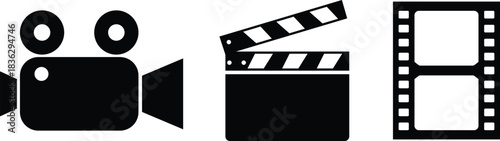 Black video camera clapperboard and film strip icons on white video camera icon clapperboard icon