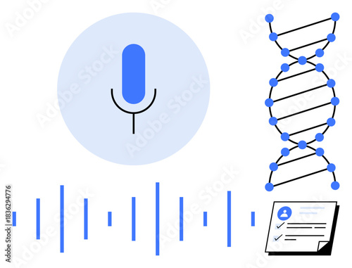 Microphone, sound waves, DNA helix, user profile on a document connect biometric identification and data analysis. Ideal for AI, science, healthcare, security, communication research innovation