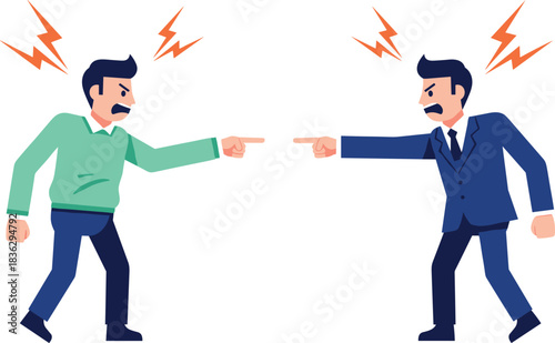 Illustration of two angry men arguing and pointing fingers, showing conflict, disagreement, and tension in a business or personal confrontation scene.