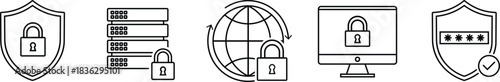 Set of five black and white security icons with locks and shields computer