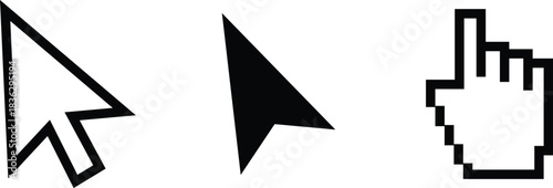 Three black computer cursors on a white background mouse cursor pointer