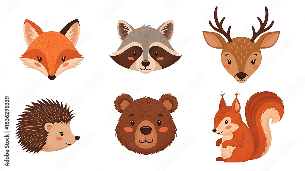 Obraz premium Forest Animal Character Heads – Woodland Animal Cartoon Vector Set