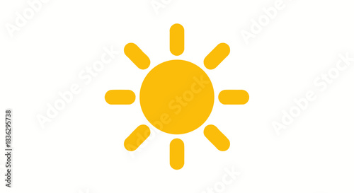 Simple bright yellow sun vector icon with rounded rays, radiating positive energy and warmth on